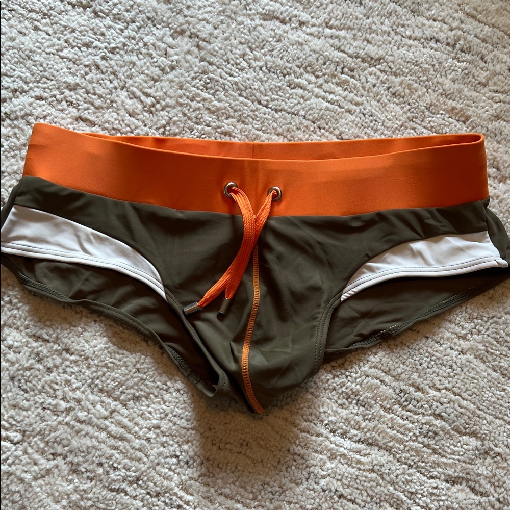Men's Olive Green & Orange Swim Trunks